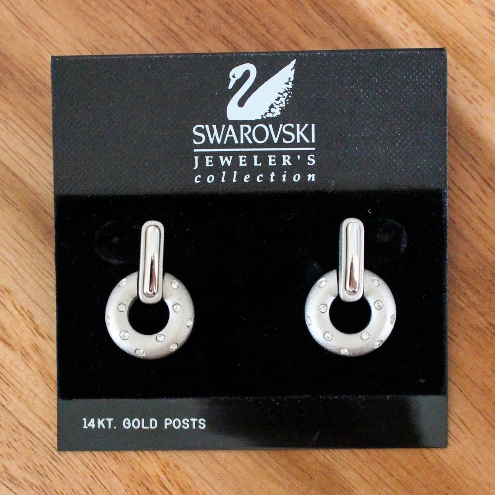 Swarovski Silver Crystal Pierced Earrings Drop‎ Door Knockers 14kt Gold Posts